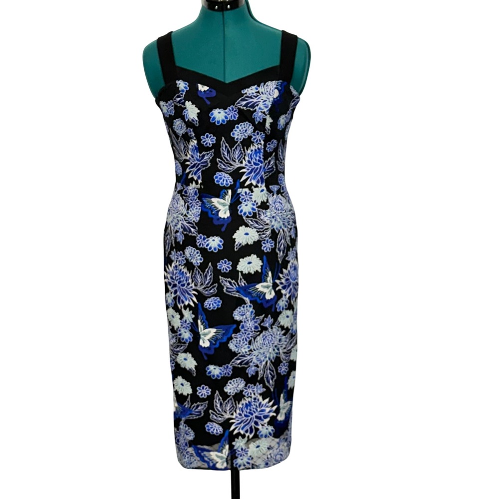 Dress the Population Black Floral Midi Dress with Blue and White Accents